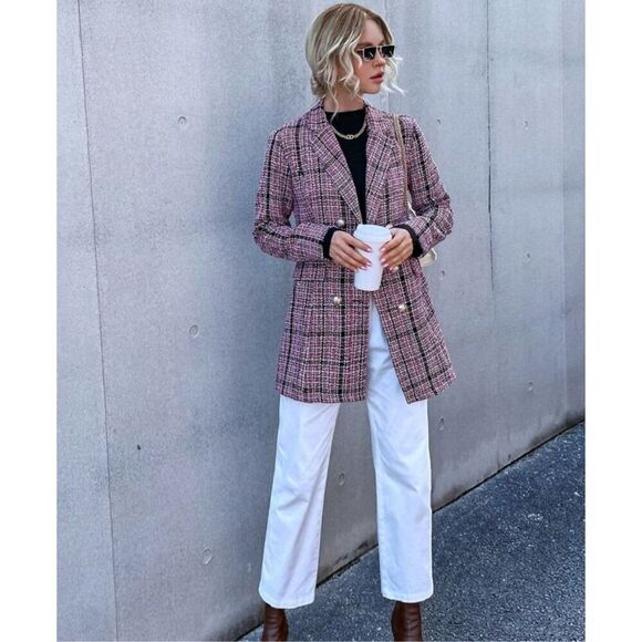 SHEIN Plaid Pattern Flap Detail Double Breasted Tweed Blazer size M or 6 - Picture 4 of 7